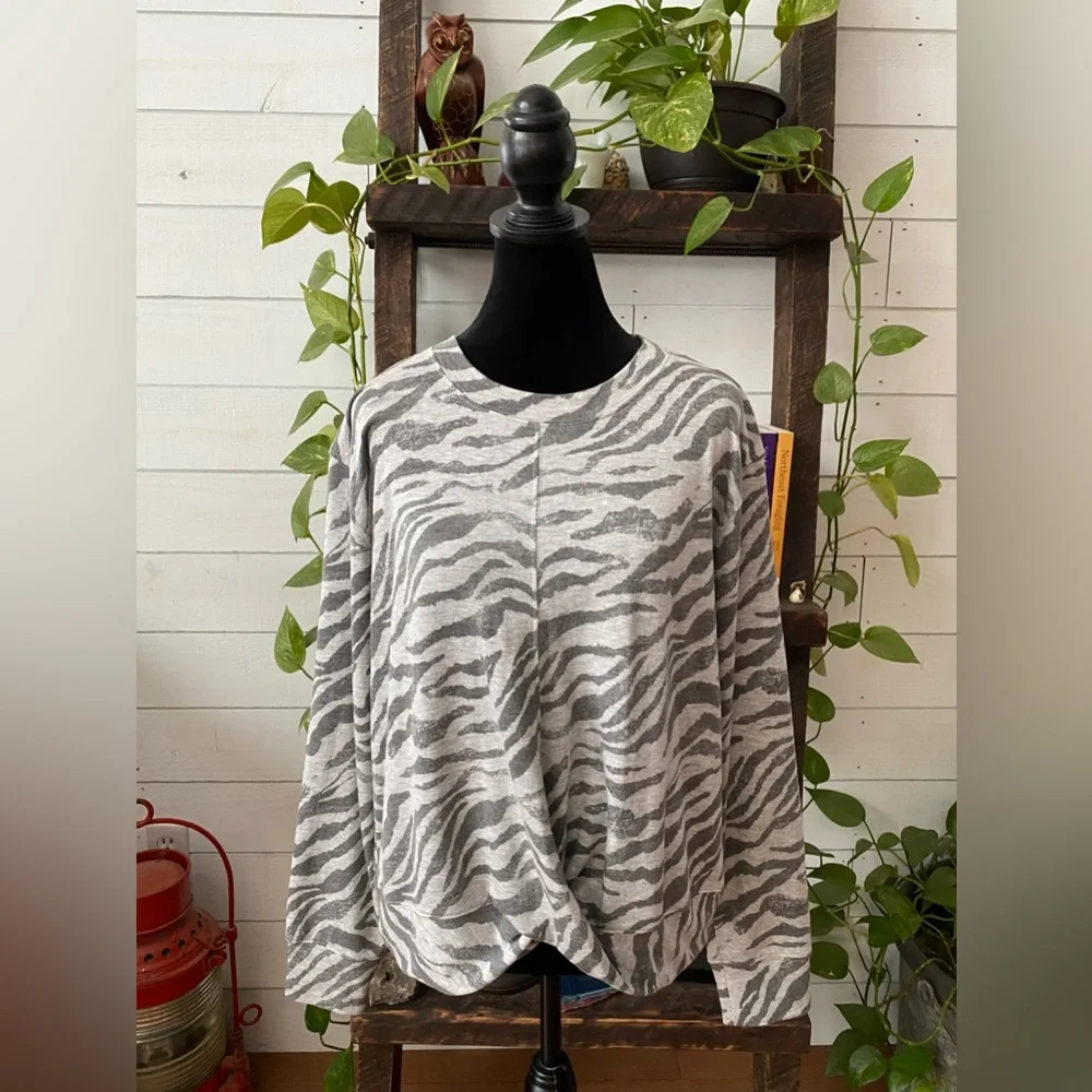 Knox Rose: Gray Zebra Print Sweatshirt with Twist Front